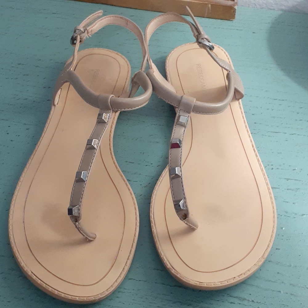 Rebecca Minkoff Taupe and Nude T-Strap Stud Sandals